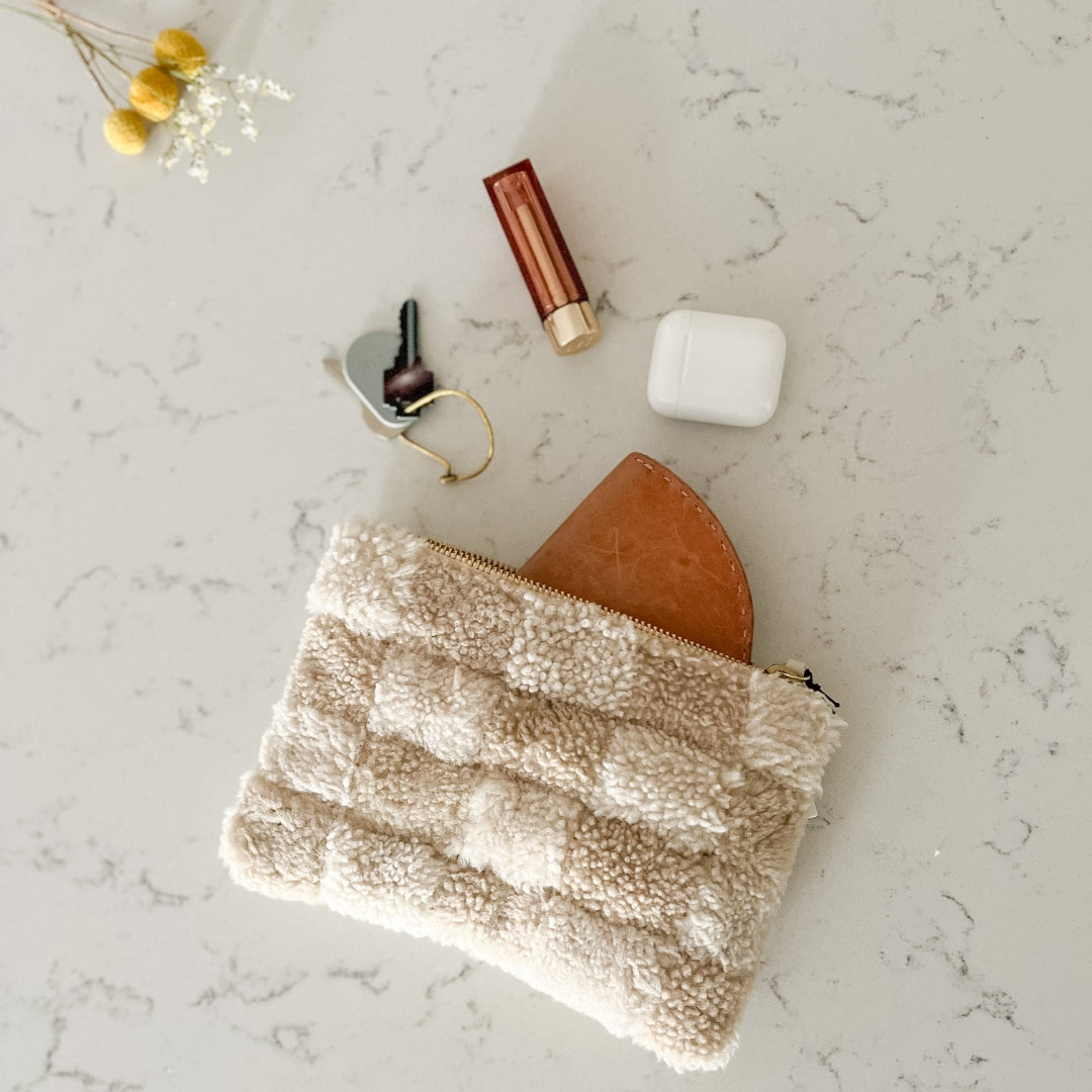 Beige Checkered Shearling Pouch