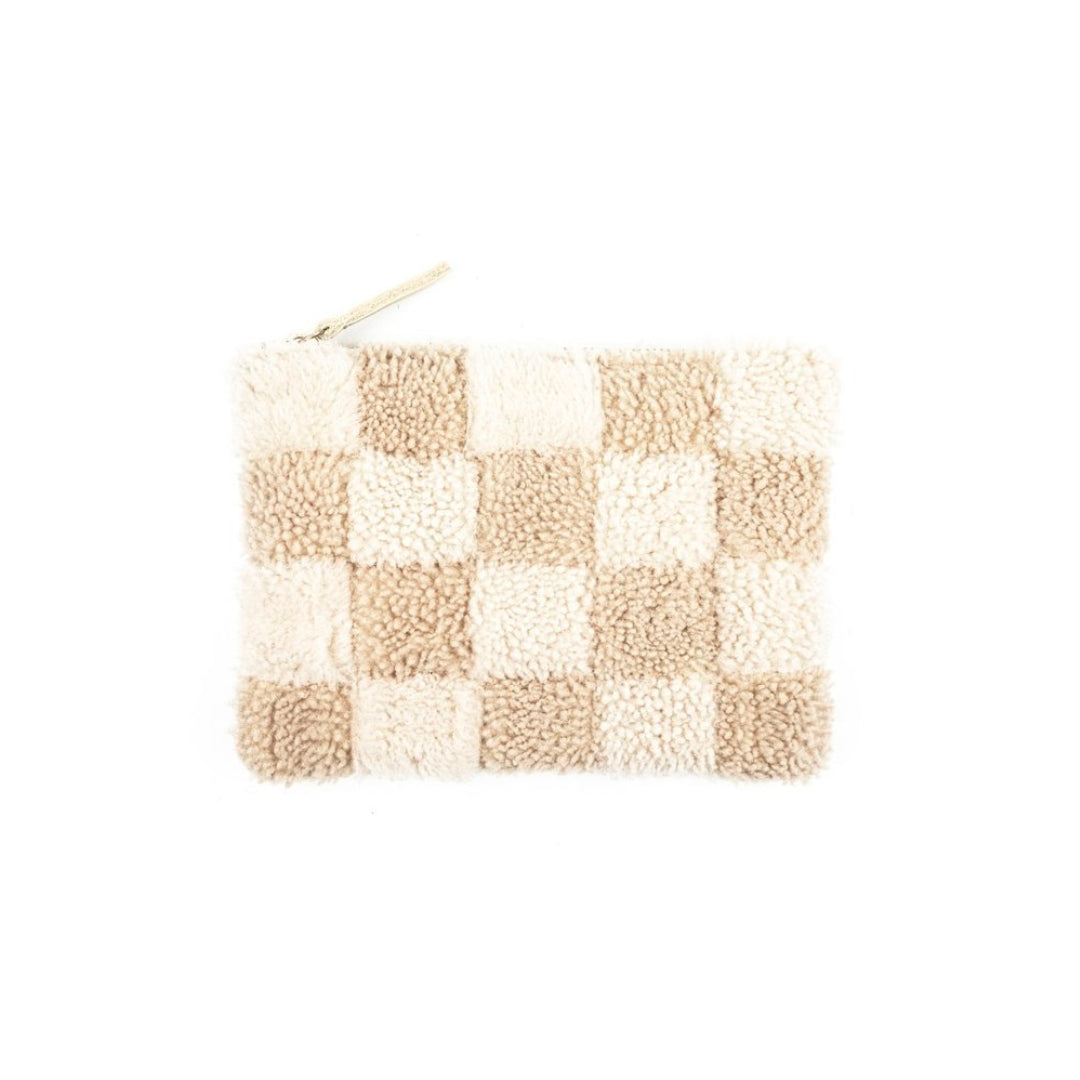 Beige Checkered Shearling Pouch